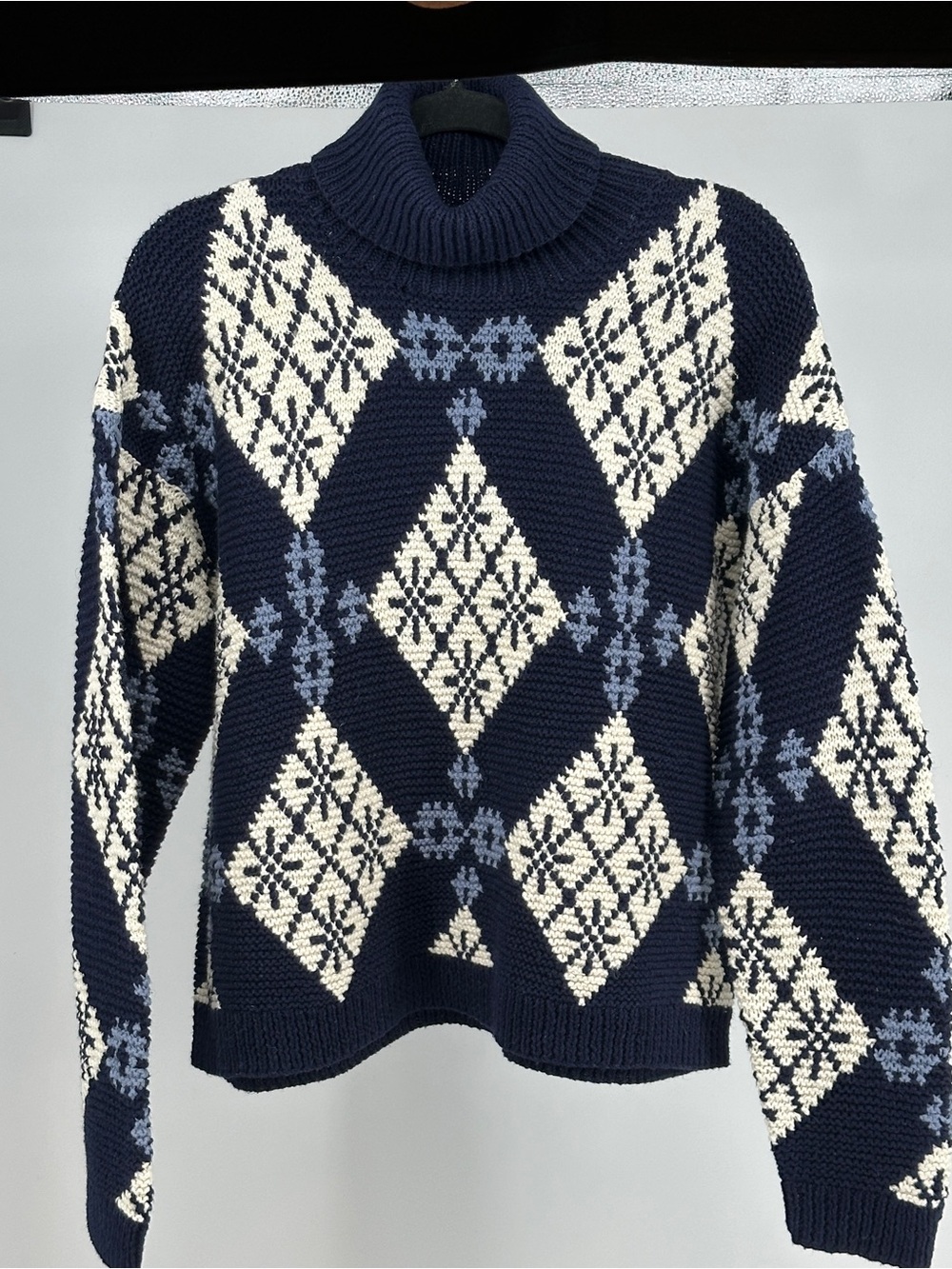 Vintage Jones New York Large Navy Fair Isle Turtleneck Sweater Ramie Cotton